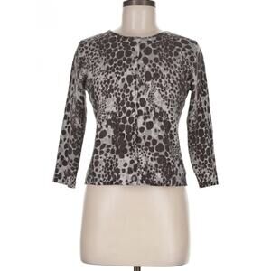 Garnet Hill Merino Wool Cardigan Medium Brown Silver Print 3/4 Sleeve Sweater